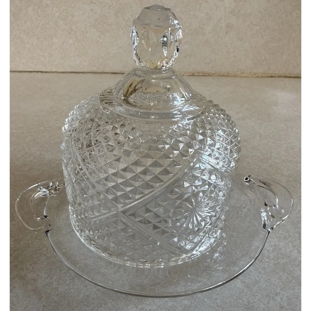 Vintage Cheese Butter Dish Round Clear Glass Plate With Cut Glass Dome Cover‎